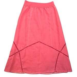 Vintage 90s Y2K XCVI Ramie Linen Midi Skirt Muted Cherry Red Crochet Medium